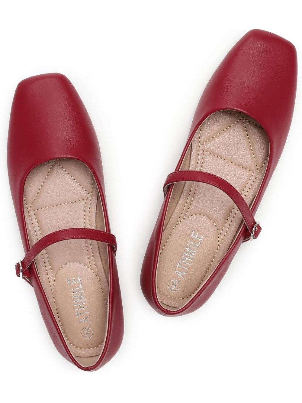 Women’s Dark Red Square Toe Buckle Strap Office Mary Jane Ballet Flats Shoes